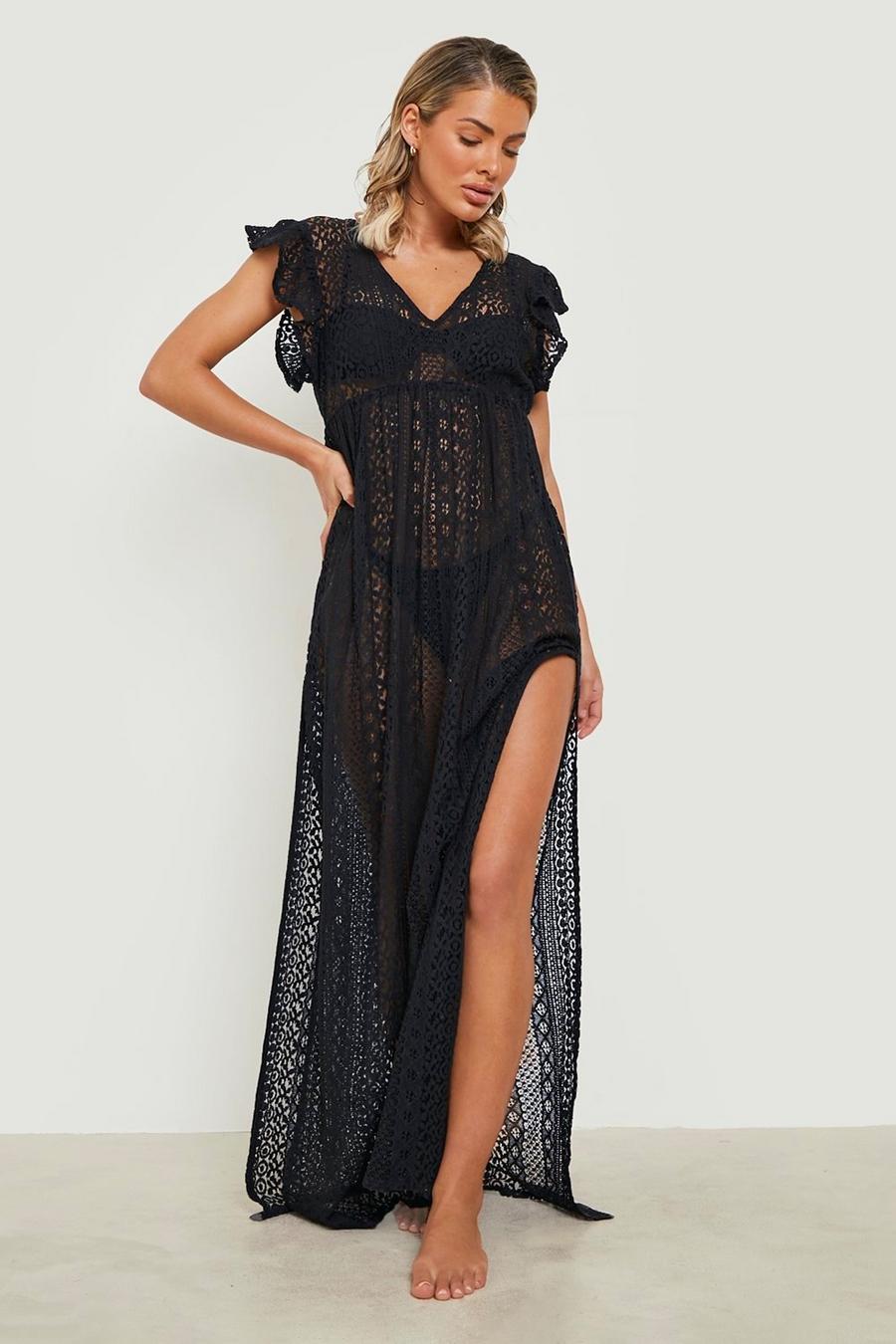 Black Ruffle Lace Plunge Beach Dress image number 1