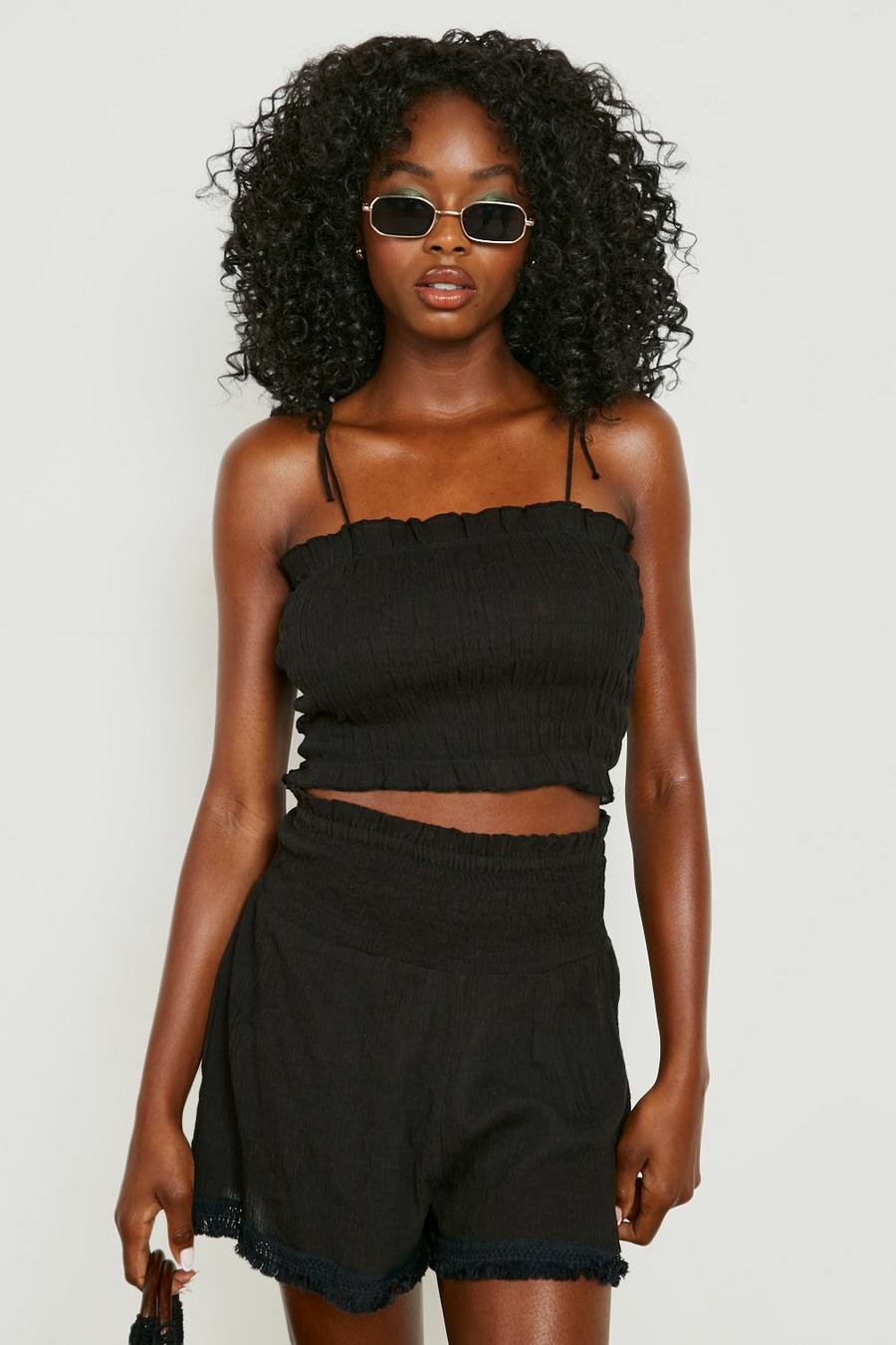 Black Shirred Strappy Bandeau Beach Top image number 1