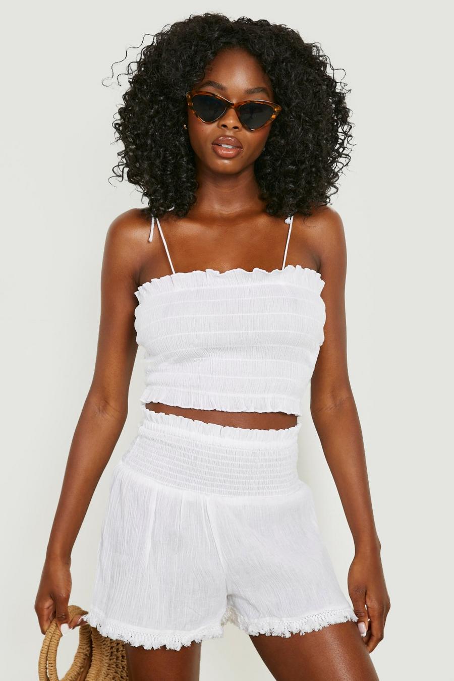 White Shirred Strappy Bandeau Beach Top image number 1