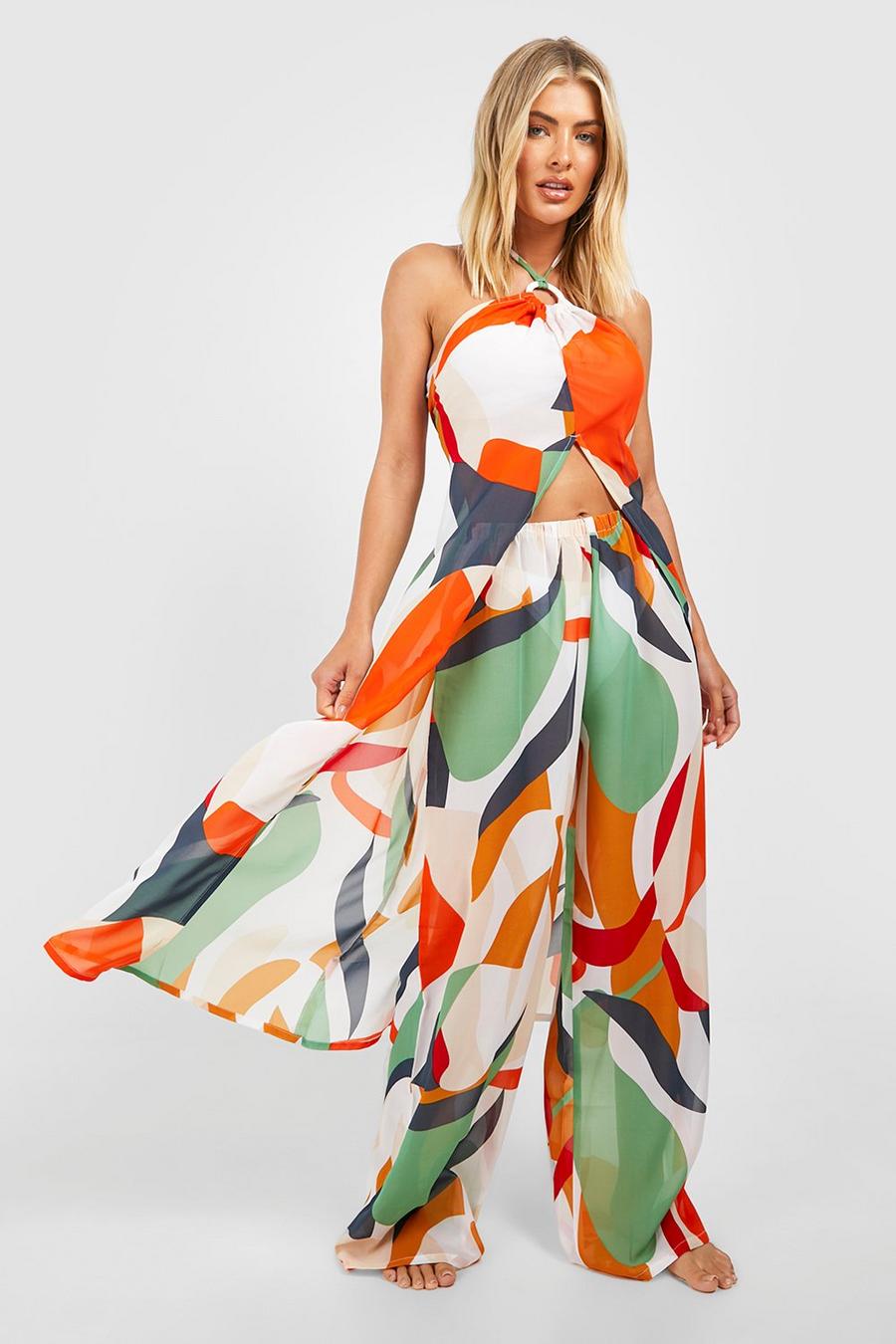 Orange Abstract O-Ring Top & Pants Beach Co-Ord image number 1