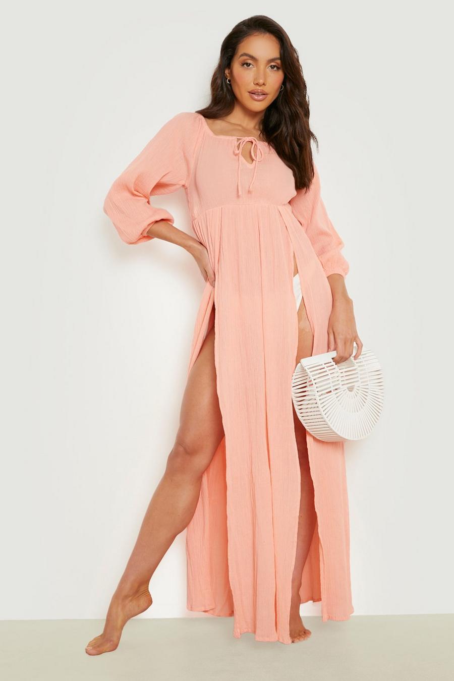 Coral pink Cheesecloth Tie Detail Split Maxi Beach Dress