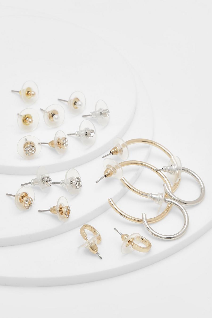Gold metallic Mixed Tone Diamante And Hoop Earring Pack image number 1