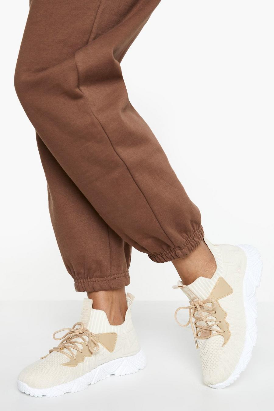 Zapatillas deportivas calcetín de tela con cordones cruzados, Stone beige