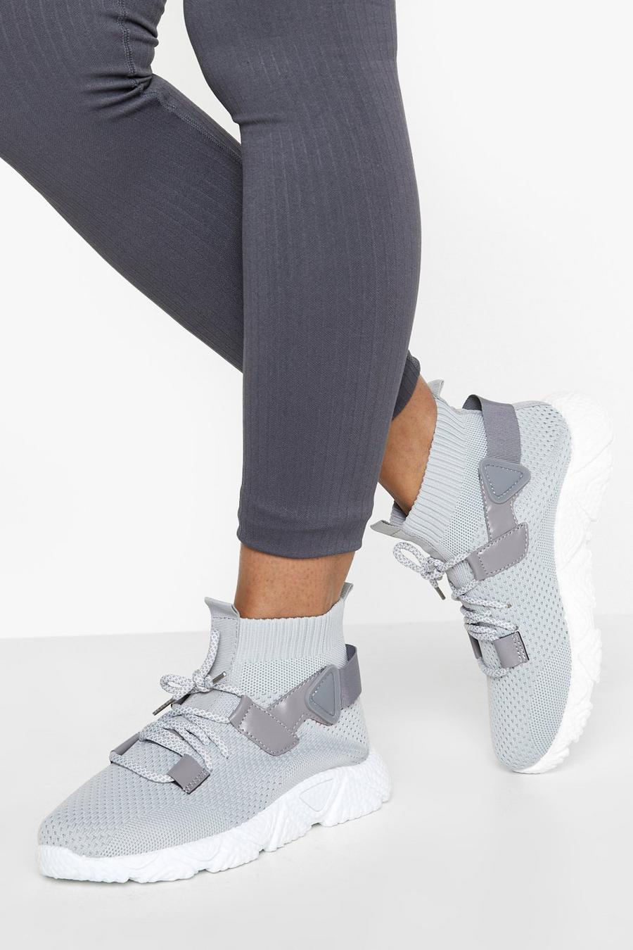 Grey Lace Up Sock Sneakers