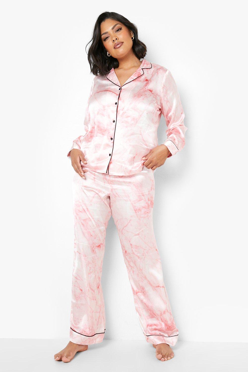 Plus Marble Print Satin Shirt Pants Pajama Set