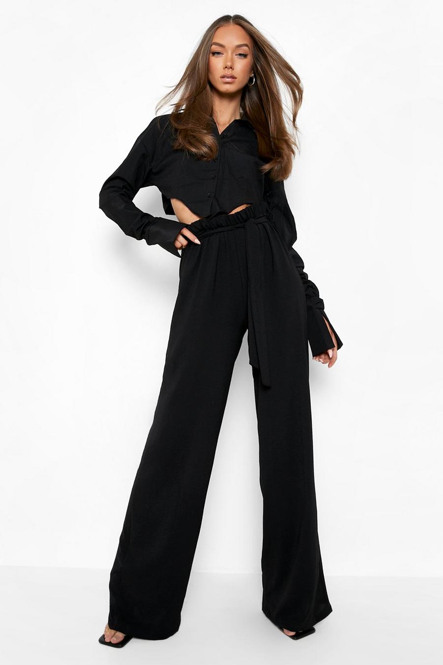Black Belted Waist Wide Leg Trousers image number 1