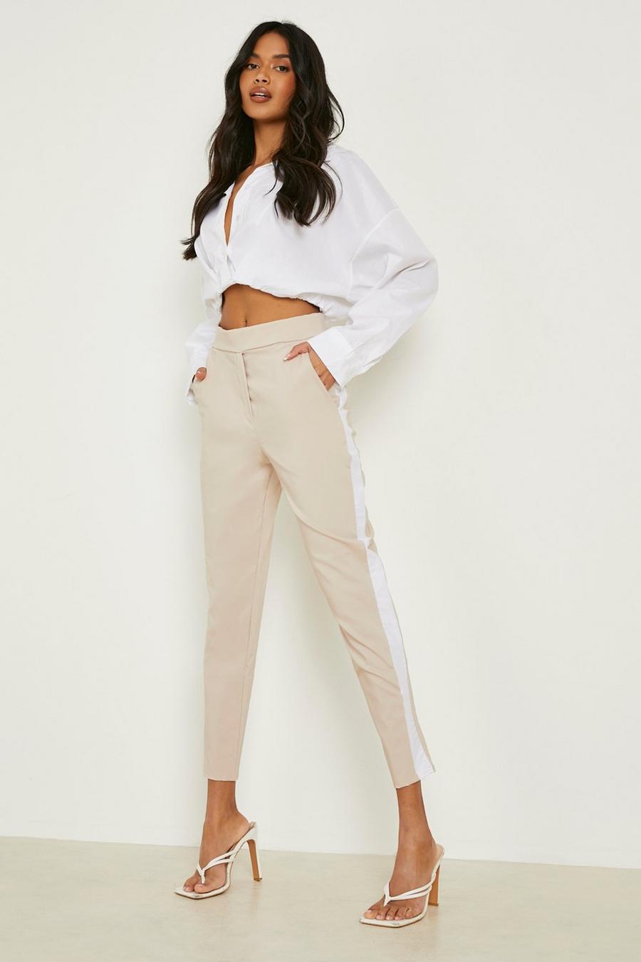 Beige High Waisted Side Stripe Skinny Trousers image number 1