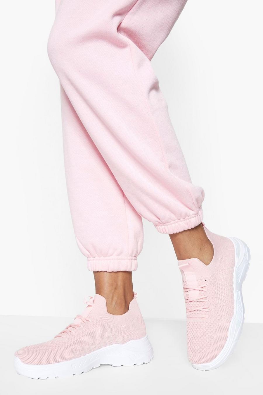 Pink Lace Up Knitted Sports Trainers image number 1