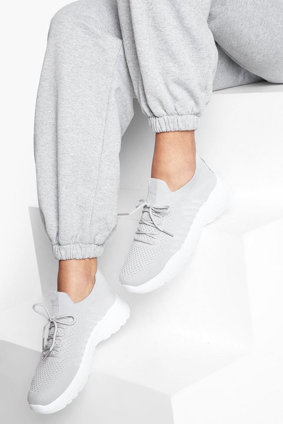 Grey grå Stickade sneakers med snörning image number 1