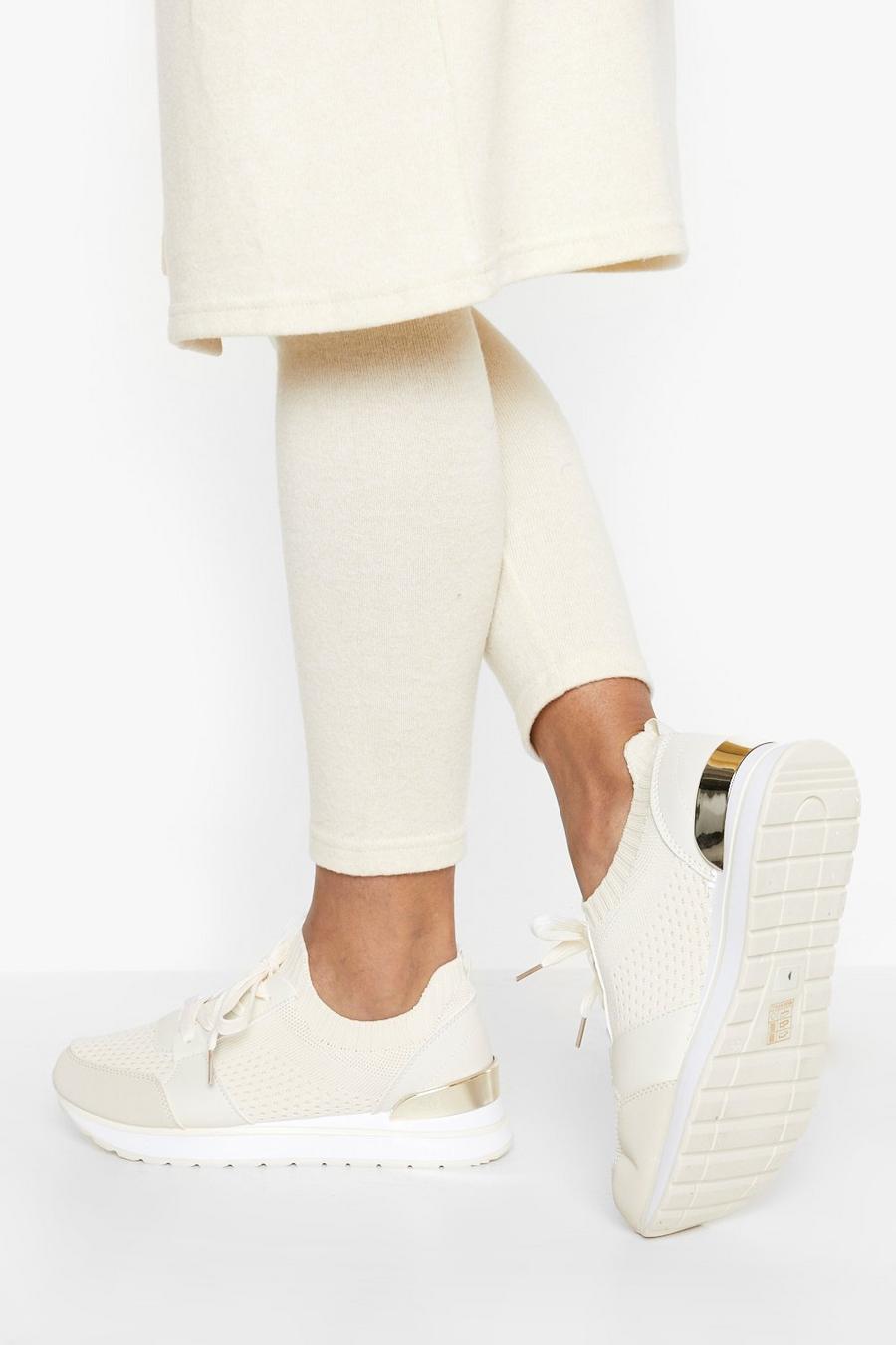 Beige Knitted Multi Panelled Sports Trainer image number 1