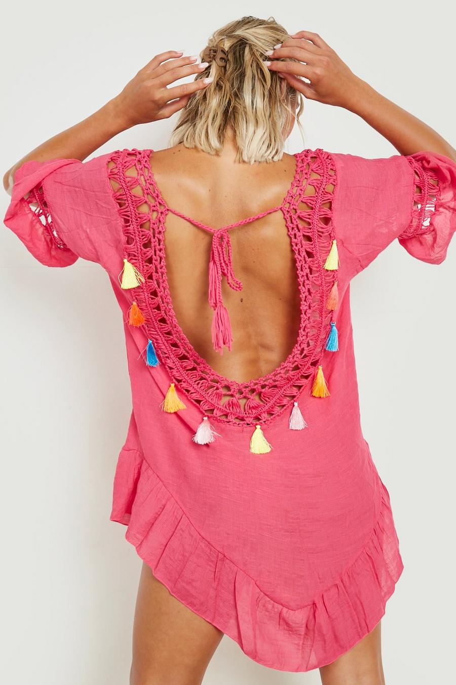 Pink Woven Tassel Trim Dip Hem Beach Dress image number 1