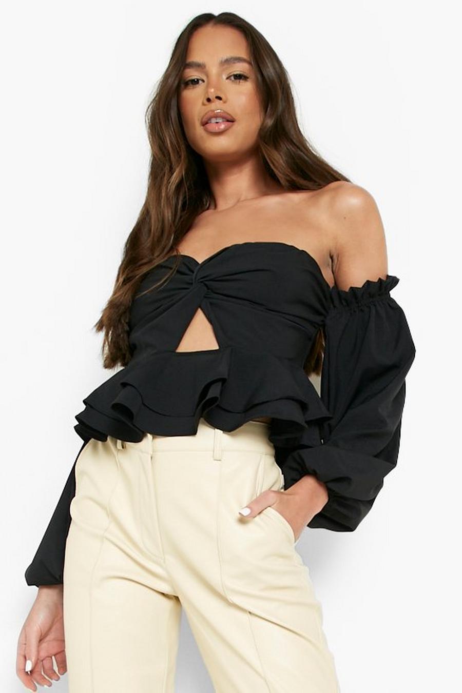 Black Woven Twist Front Ruffle Top  image number 1