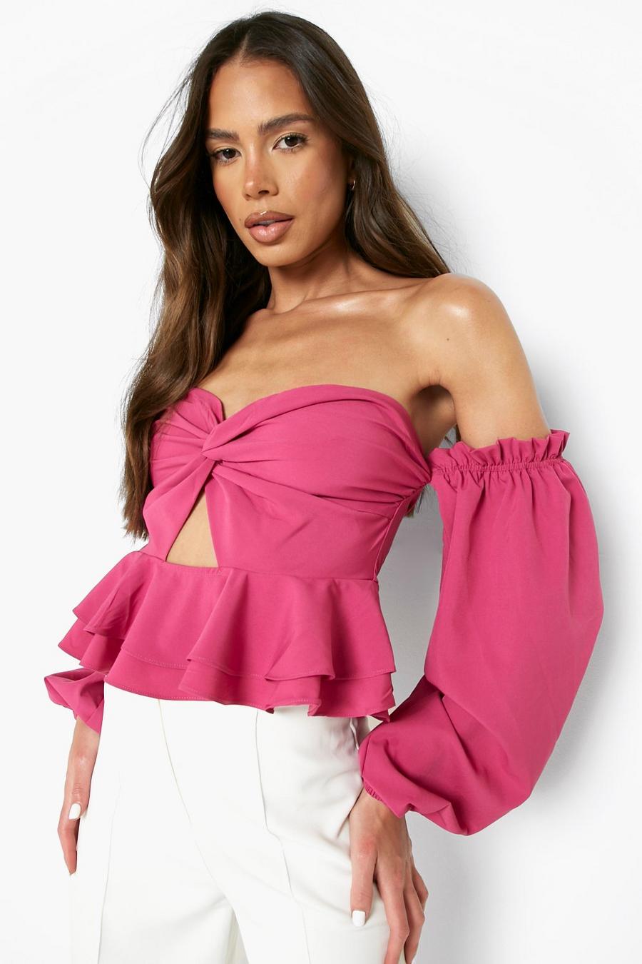 Magenta pink Woven Twist Front Ruffle Top  image number 1