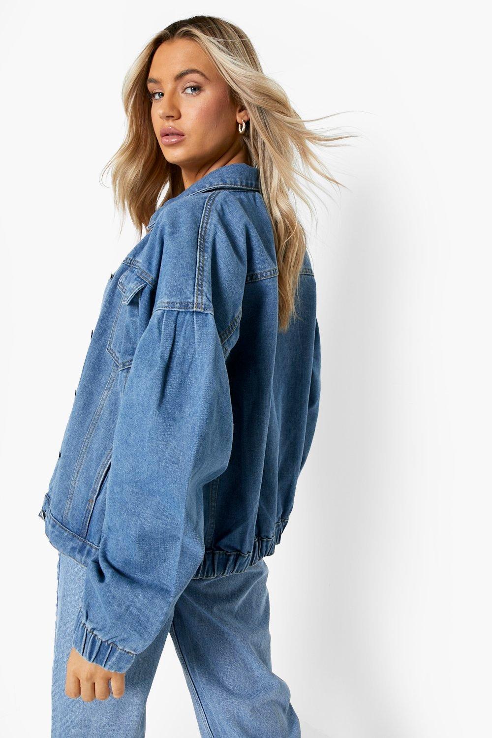 Blue Boohoo Cuffed Oversized Jean Jacket in Mid Blue Womens Clothing Jackets Jean and denim jackets 