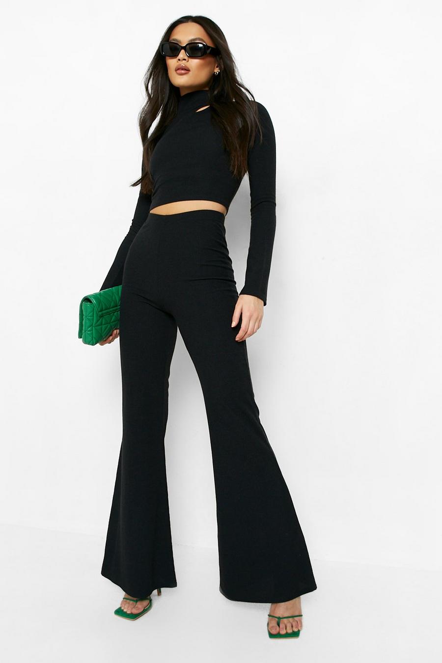 Black Ribbed Cut Out High Neck Top & Flare Trouser  image number 1