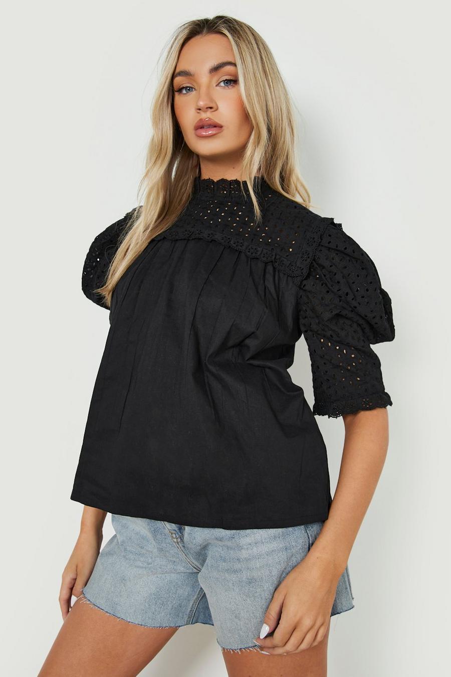 Blouse en broderie anglaise à col montant, Black image number 1