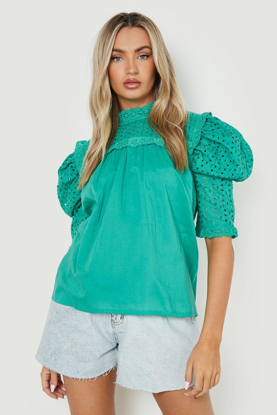 Green Broderie High Neck Blouse image number 1