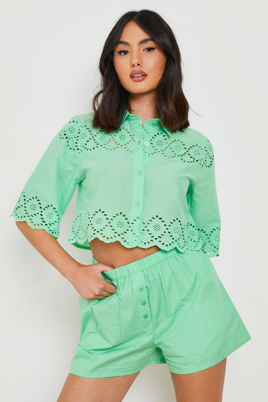 Green Broderie Detail Cropped Shirt image number 1