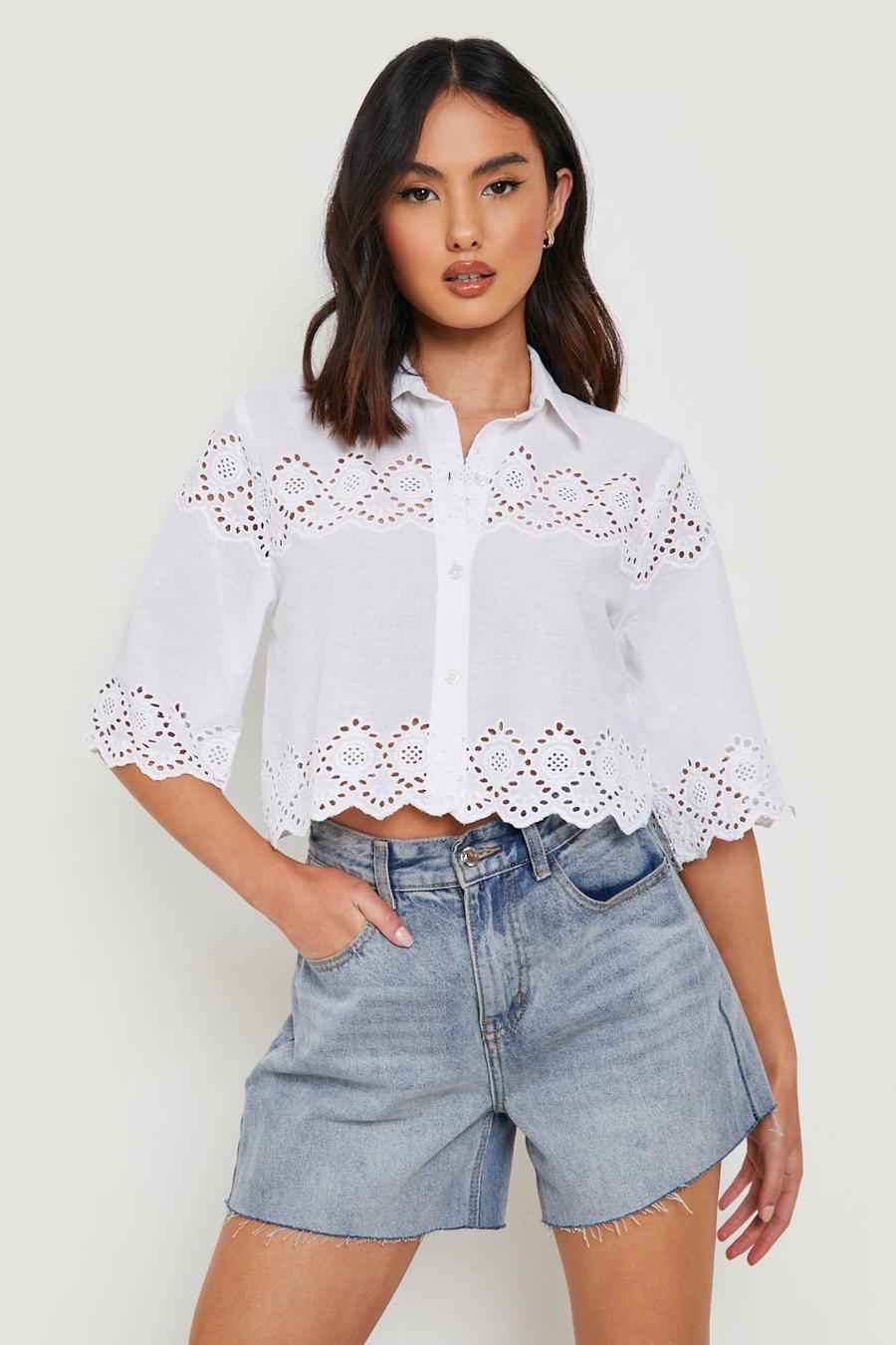 White Broderie Detail Cropped Shirt image number 1