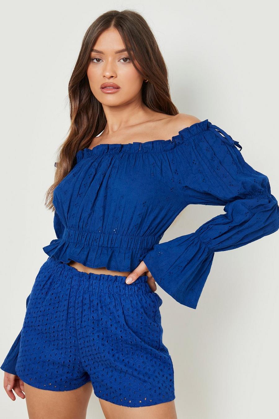 Blue Broderie Bardot Long Sleeve Frill Detail Top image number 1