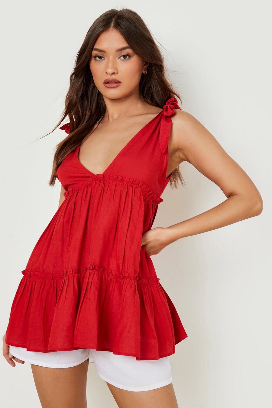 Red Linen Tie Strap Tiered Smock Top 