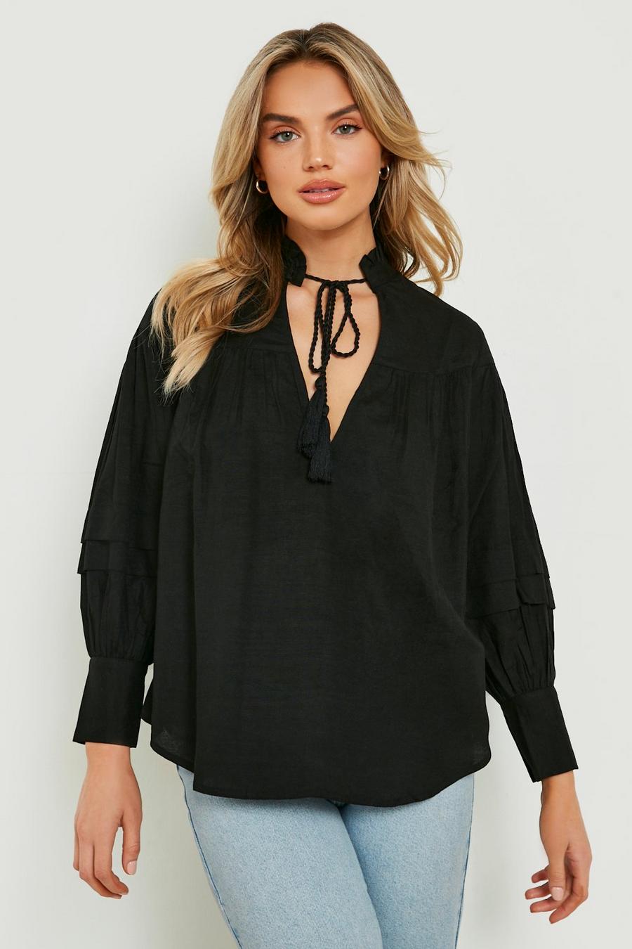 Black Tie Detail Puff Sleeve Linen Blouse image number 1