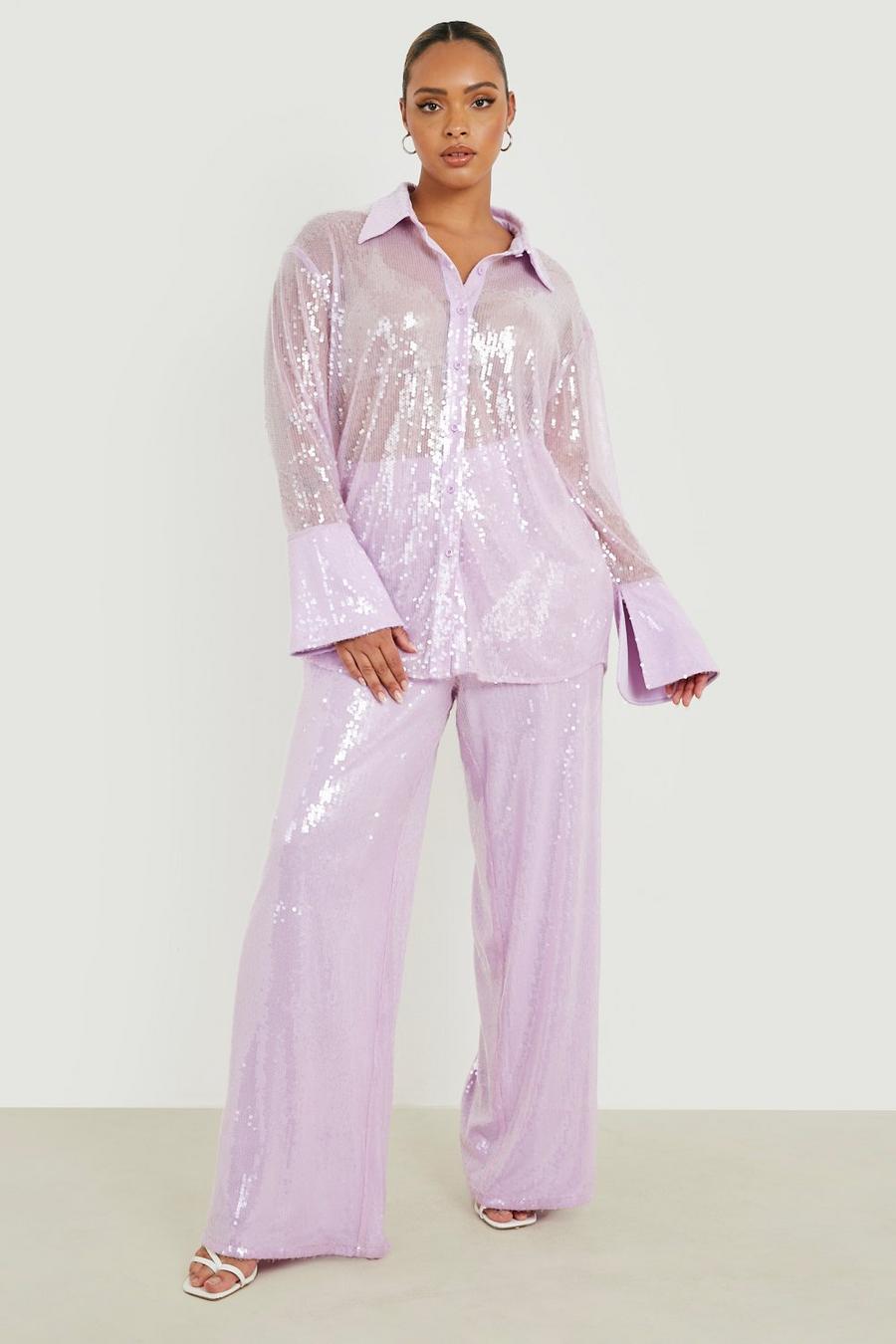 Lilac Plus Sequin Wide Leg Trousers image number 1