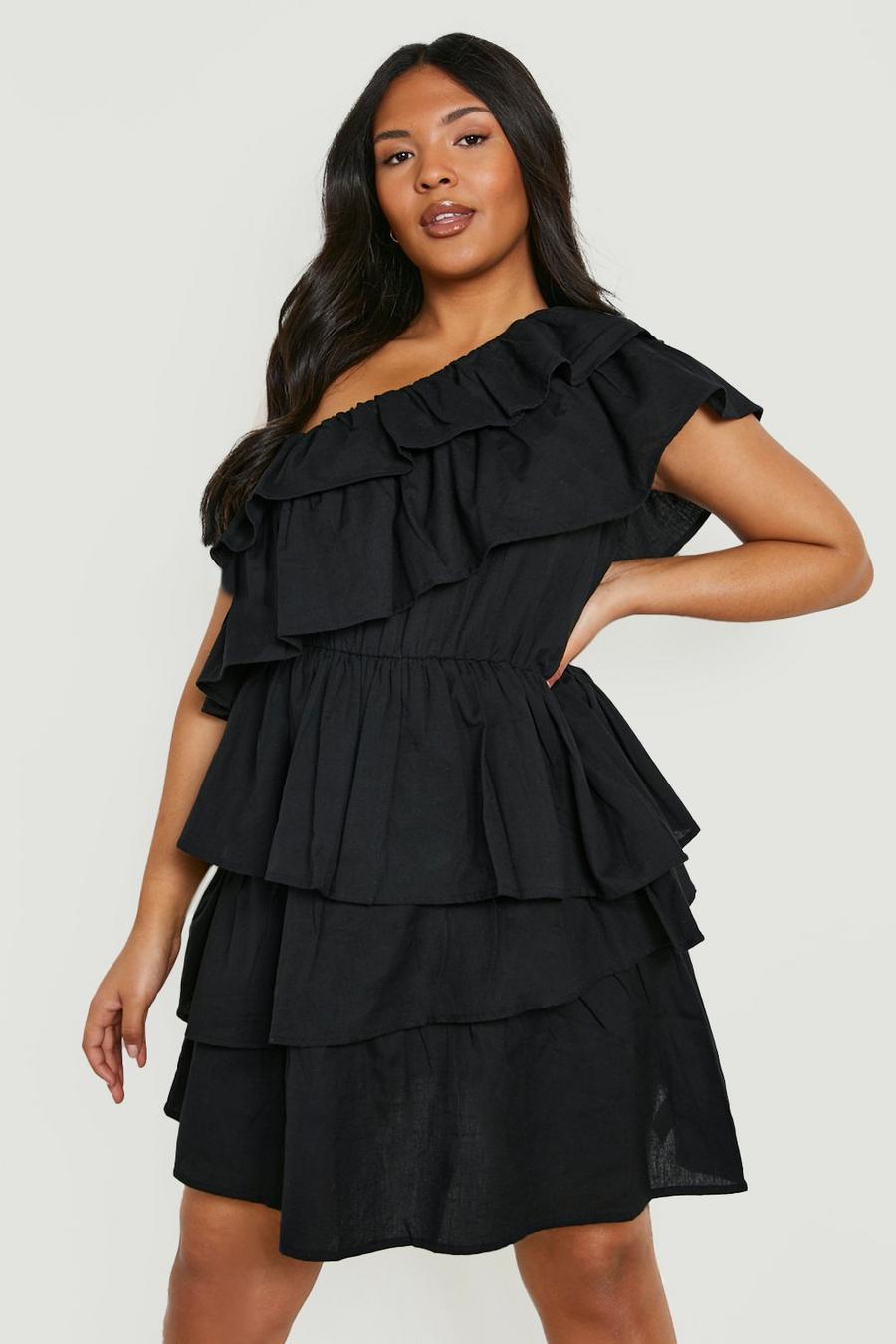 Black Plus Ruffle Tiered One Shoulder Dress image number 1