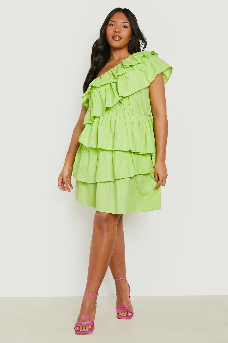 Lime Plus Ruffle Tiered One Shoulder Dress image number 1