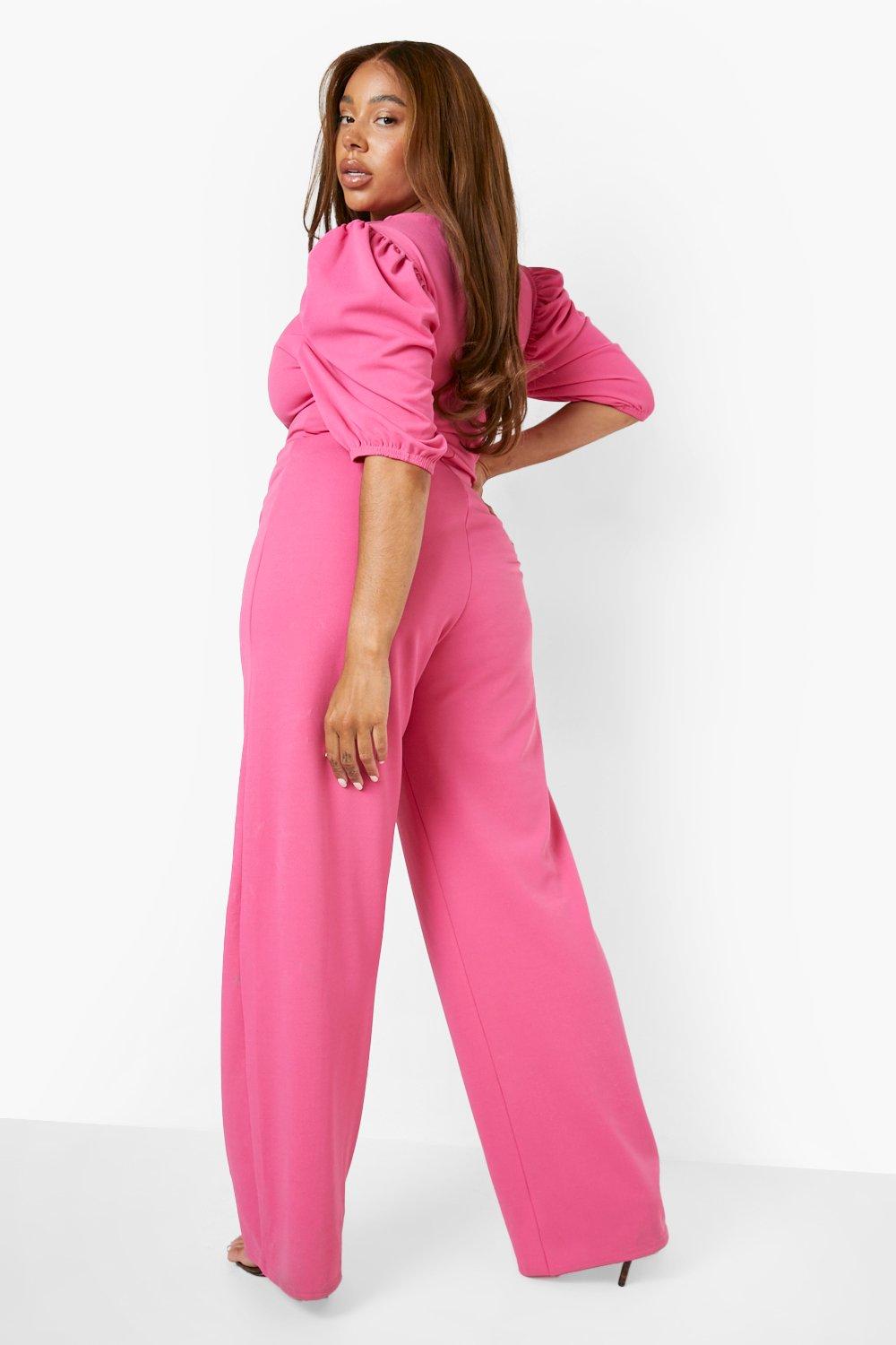 Plus Size Hot Pink Puff Sleeve Jumpsuit