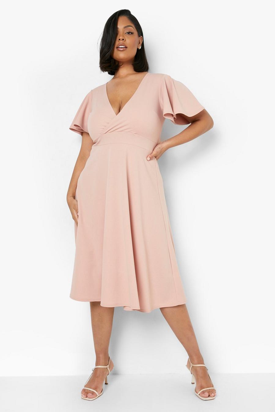 Blush pink Plus Wrap Angel Sleeve Midi Skater Dress image number 1