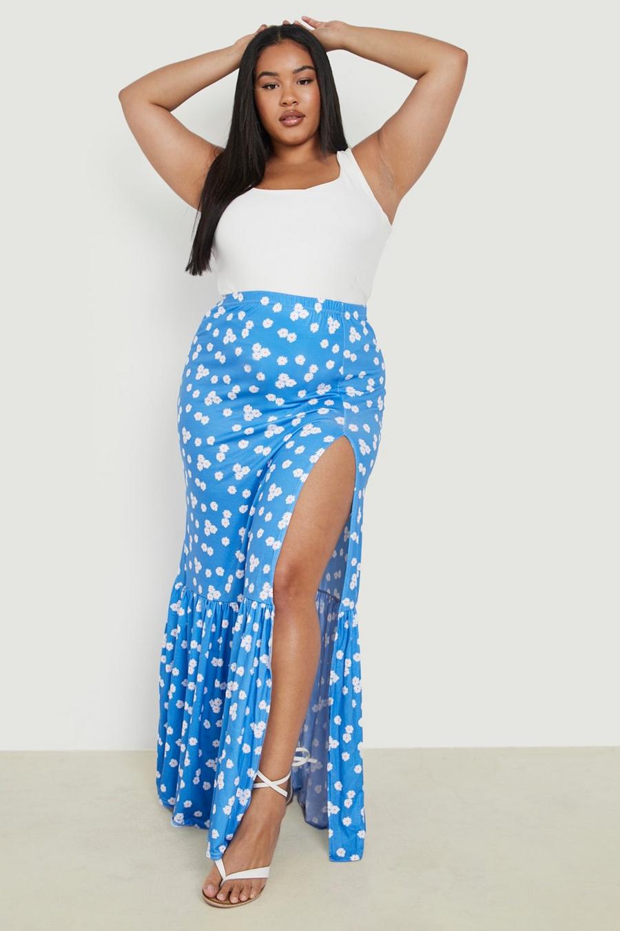 Blue Plus Daisy Print Split Front Maxi Skirt