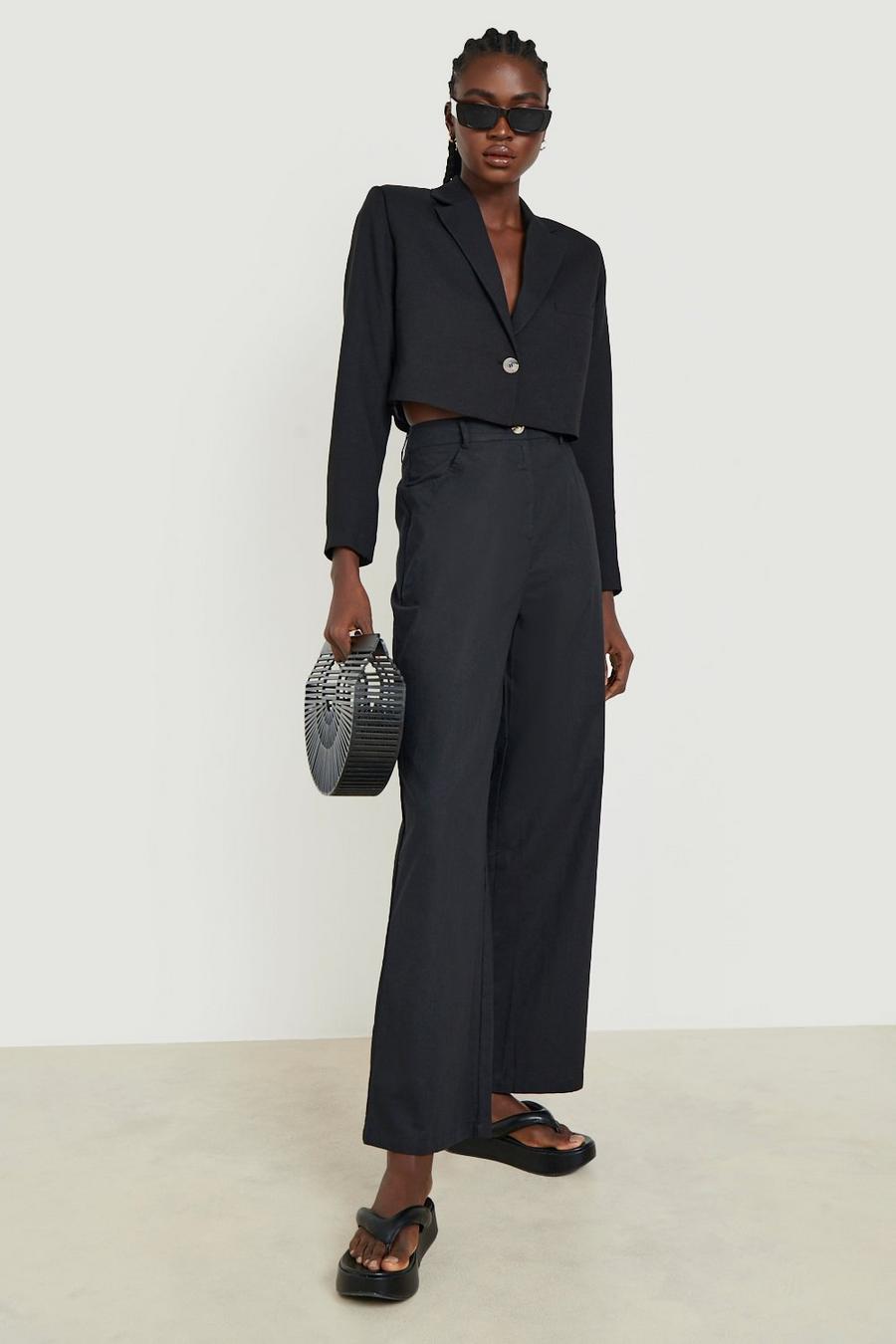 Black Tall Linen Look High Waist Trousers image number 1