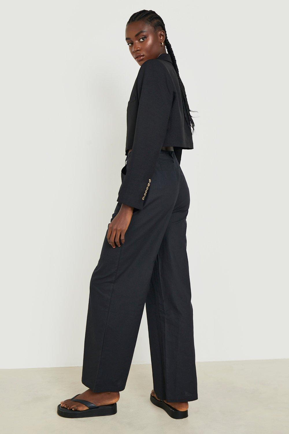 Grey Linen Look High Waist Wide Leg Trousers