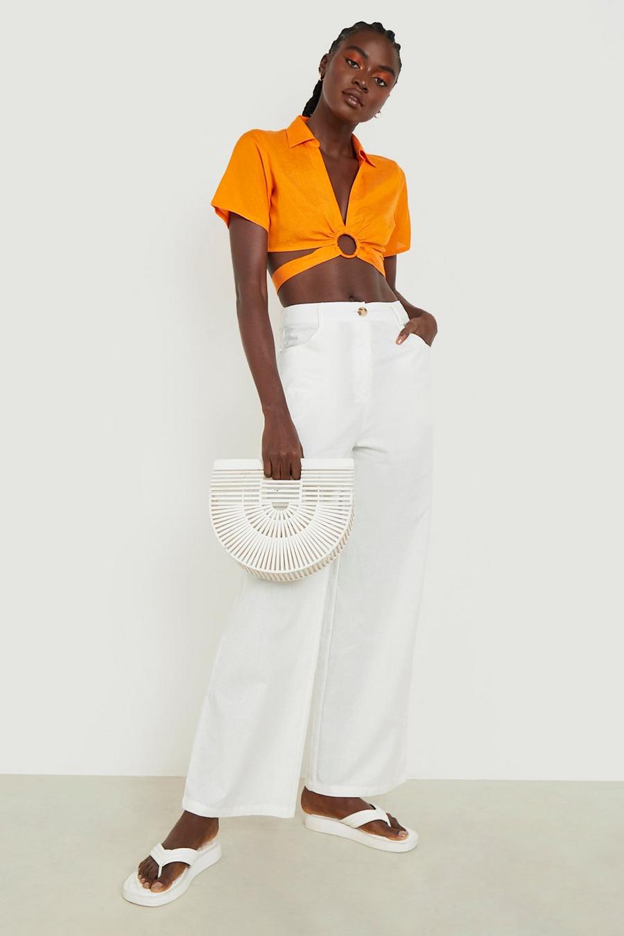 Ivory white Tall Linen Look High Waist Trousers