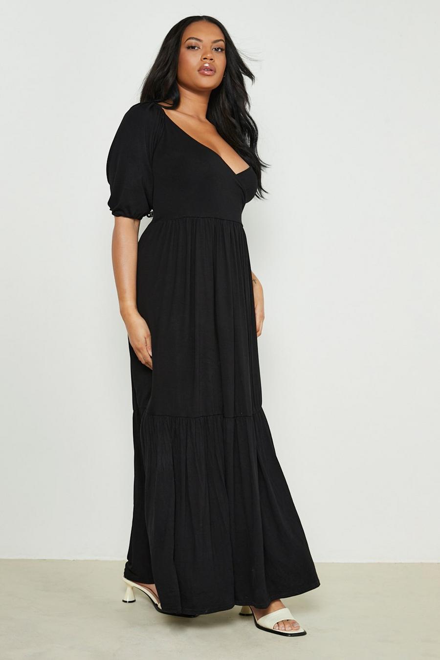 Black schwarz Plus Jersey Wrap Tiered Maxi Dress