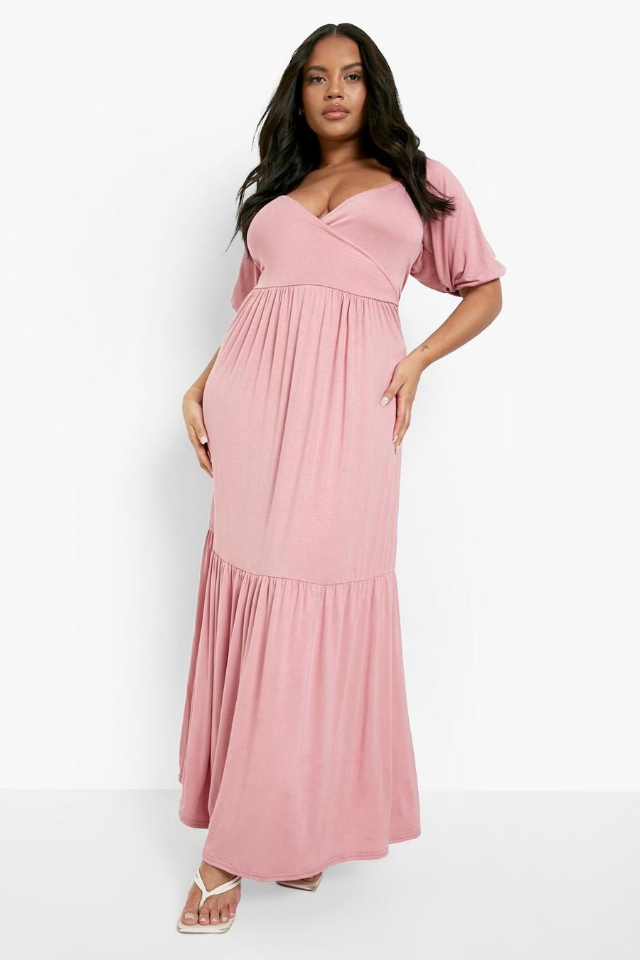 Rose pink Plus Jersey Wrap Tiered Maxi Dress