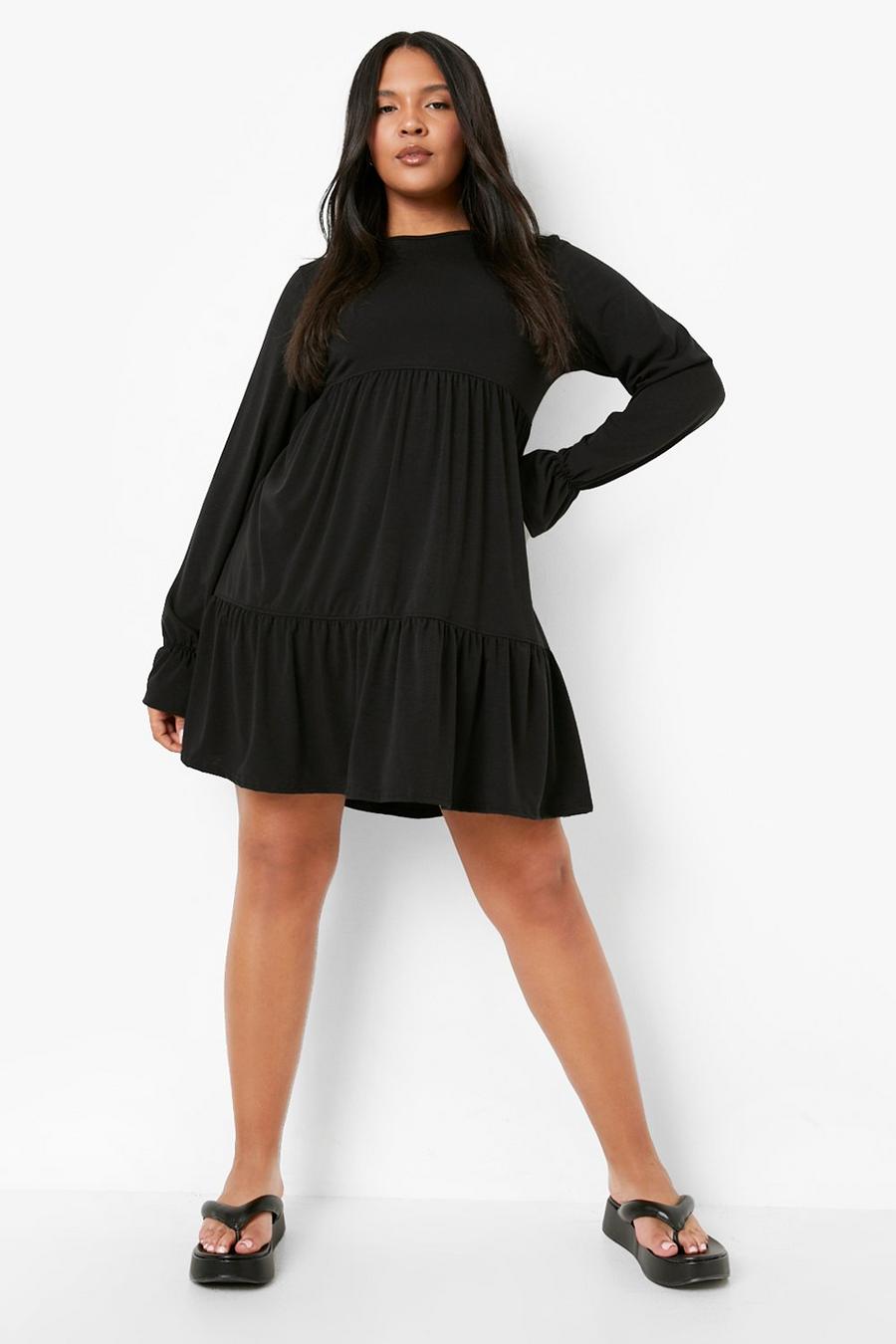 Black Plus Jersey Ruffle Cuff Tiered Smock Dress image number 1