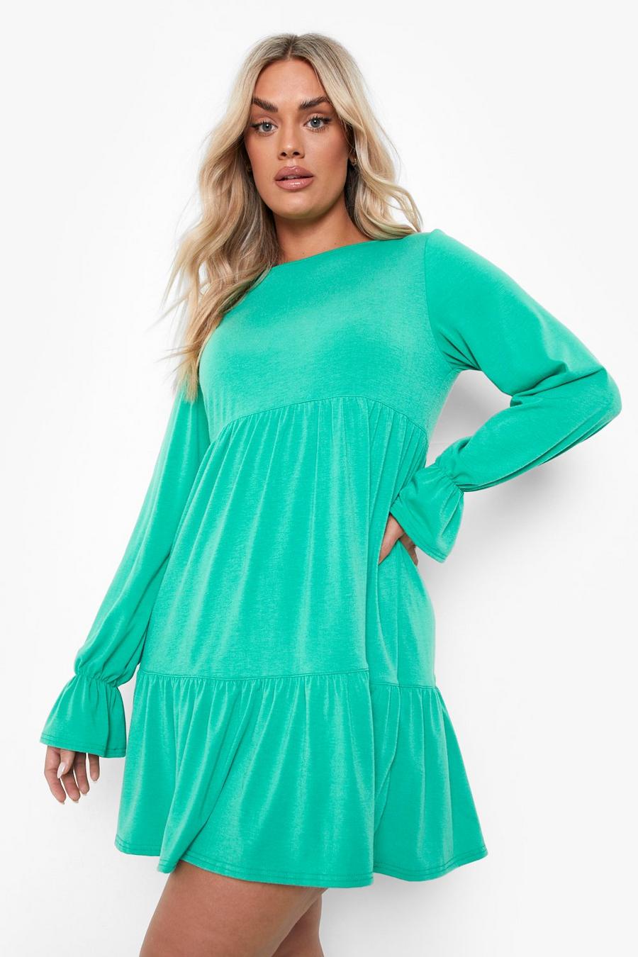 Green Plus Jersey Ruffle Cuff Tiered Smock Dress image number 1