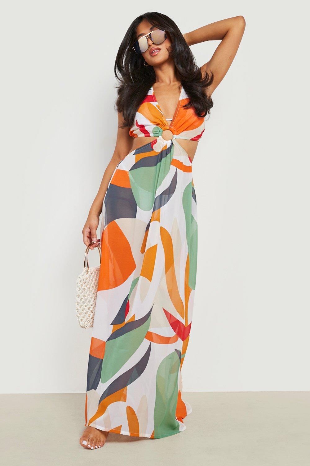 Petite O ring Printed Cut Out Beach Dress