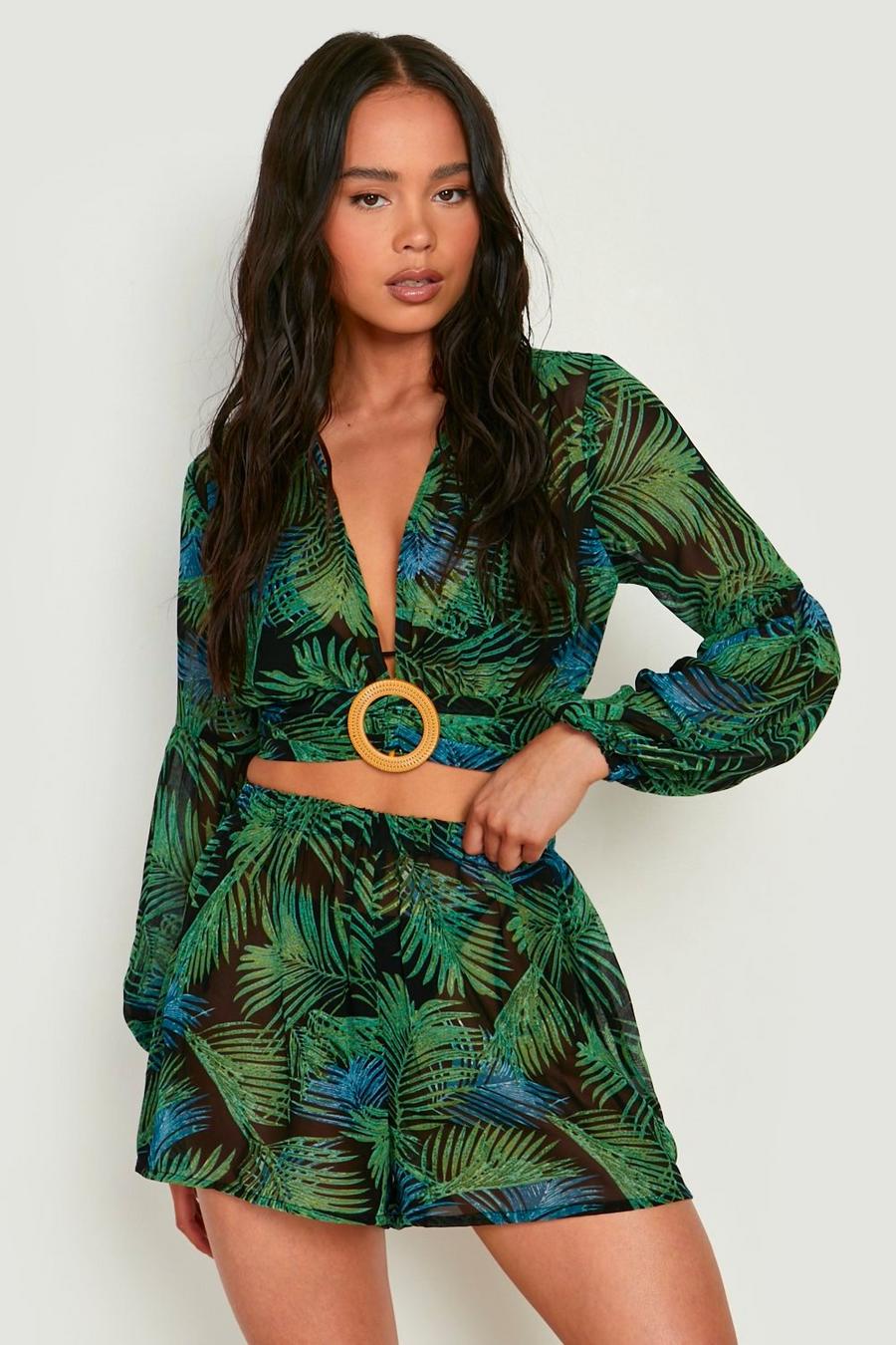 Black Petite Palm Print Buckle Top & Short Co-Ord image number 1