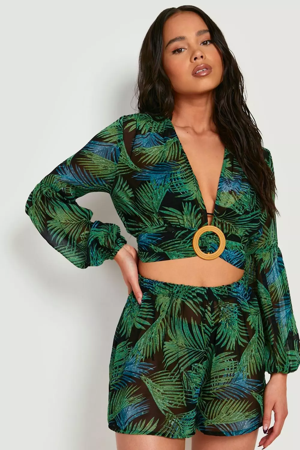 Black Petite Palm Print Buckle Top & Short Co-Ord alternative image