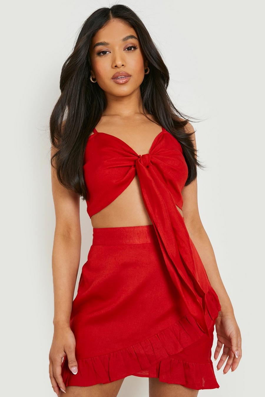 Red Petite Linen Look Tie Front Bralet & Skirt Co-Ord image number 1