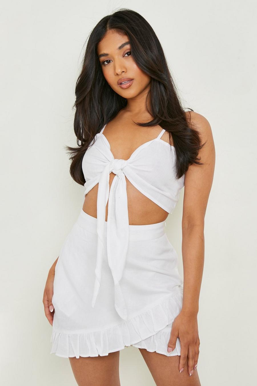 White Petite Linen Look Tie Front Bralet & Skirt Co-Ord image number 1
