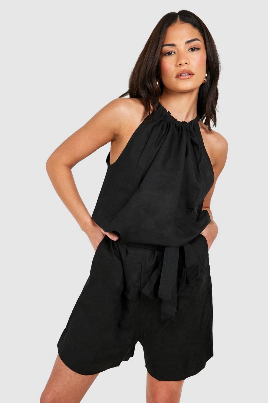 Petite Neckholder-Playsuit aus Leinen mit Gürtel, Black