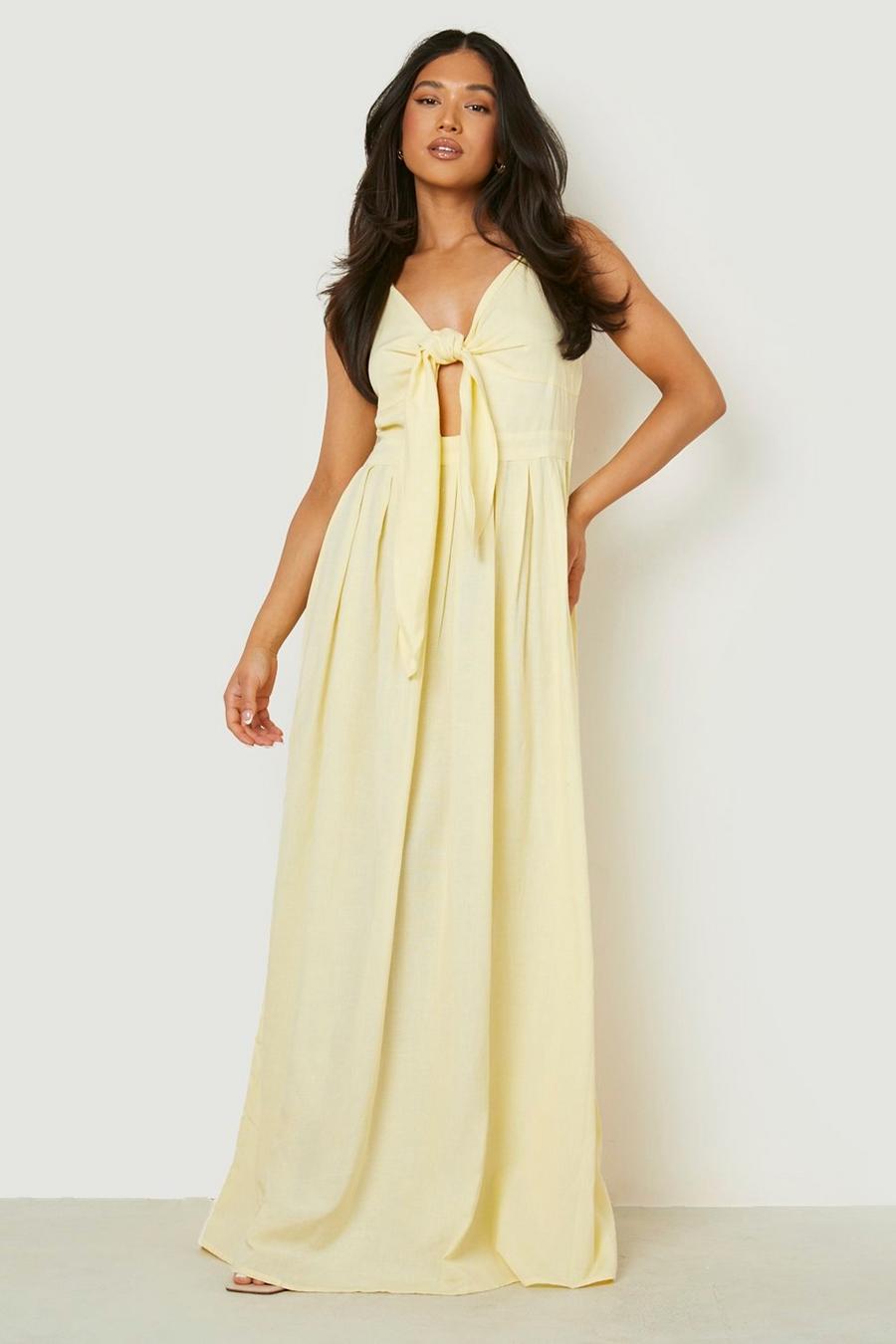 Lemon yellow Petite Tie Front Linen Maxi Dress