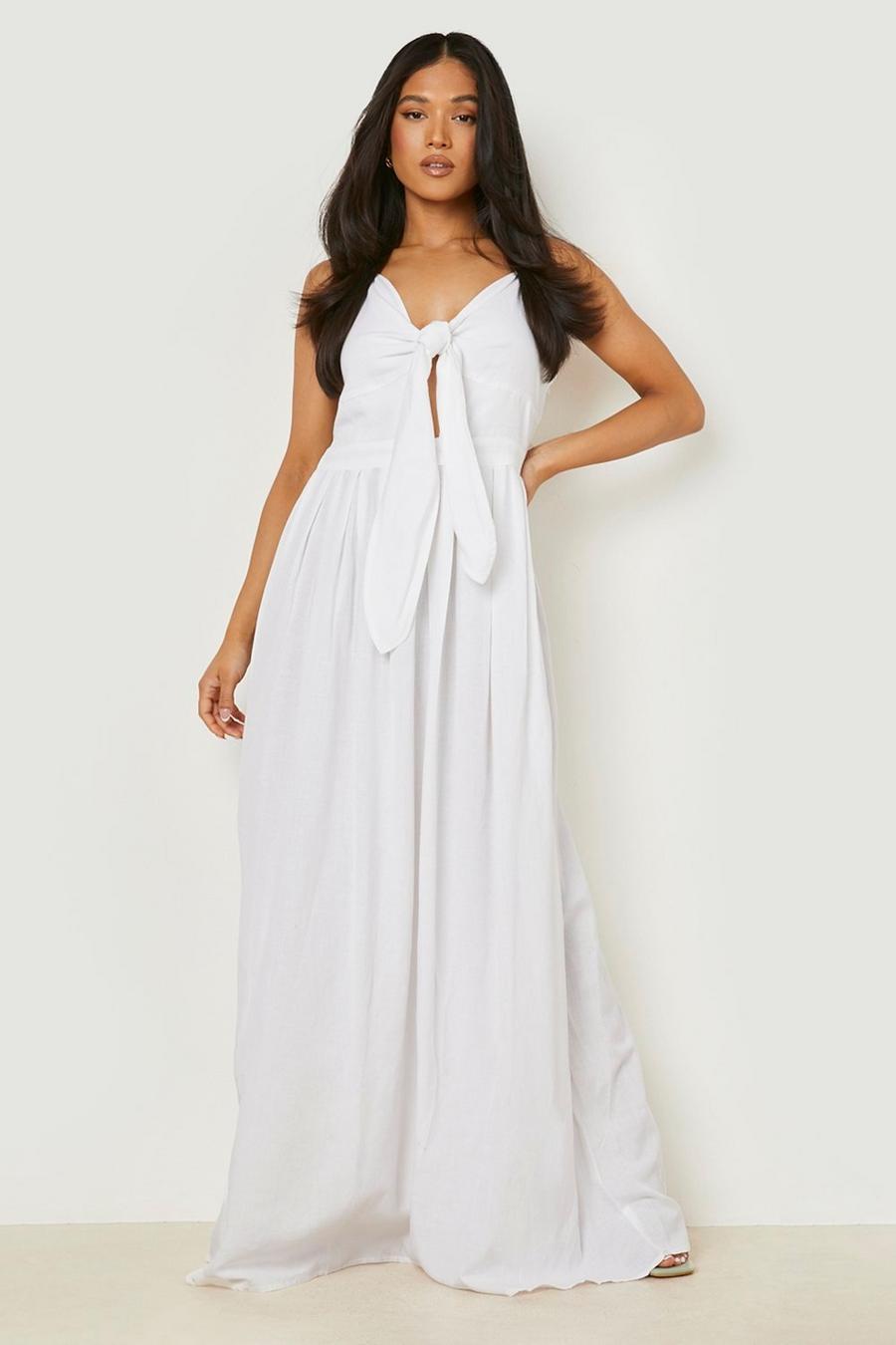 White Petite Tie Front Linen Maxi Dress