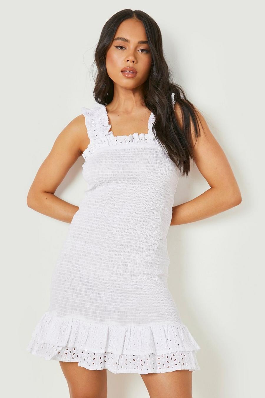 White Petite Broderie Ruffle Strap Bodycon Dress image number 1