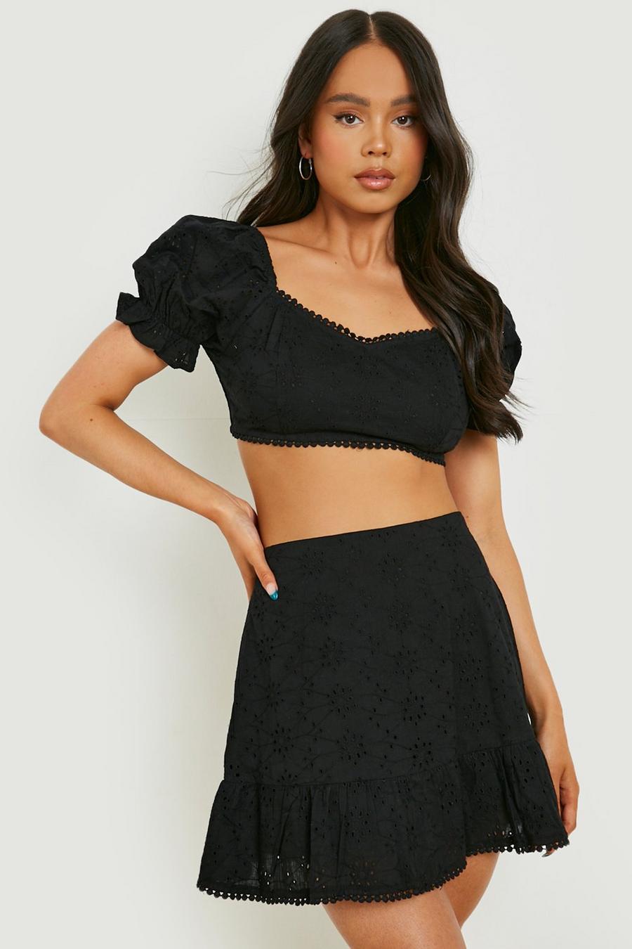 Black Petite Broderie Puff Sleeve Crop & Skirt