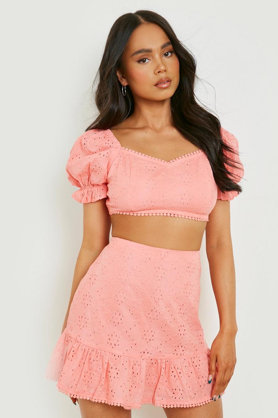 Coral pink Petite Broderie Puff Sleeve Crop & Skirt